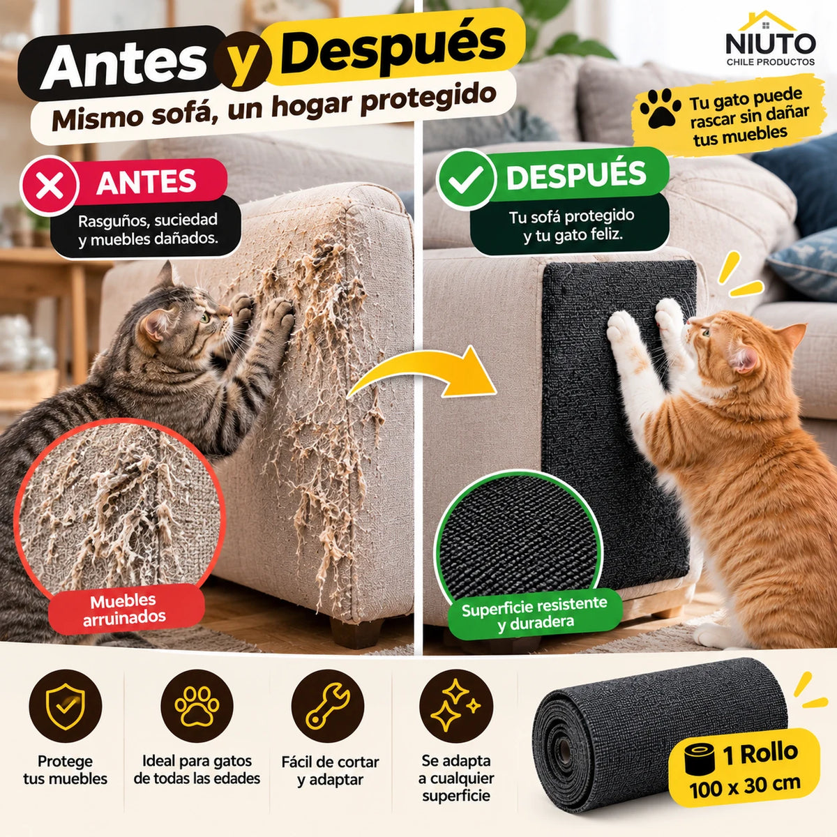 Antes y después protector adhesivo rascador para gato - NIUTO Chile