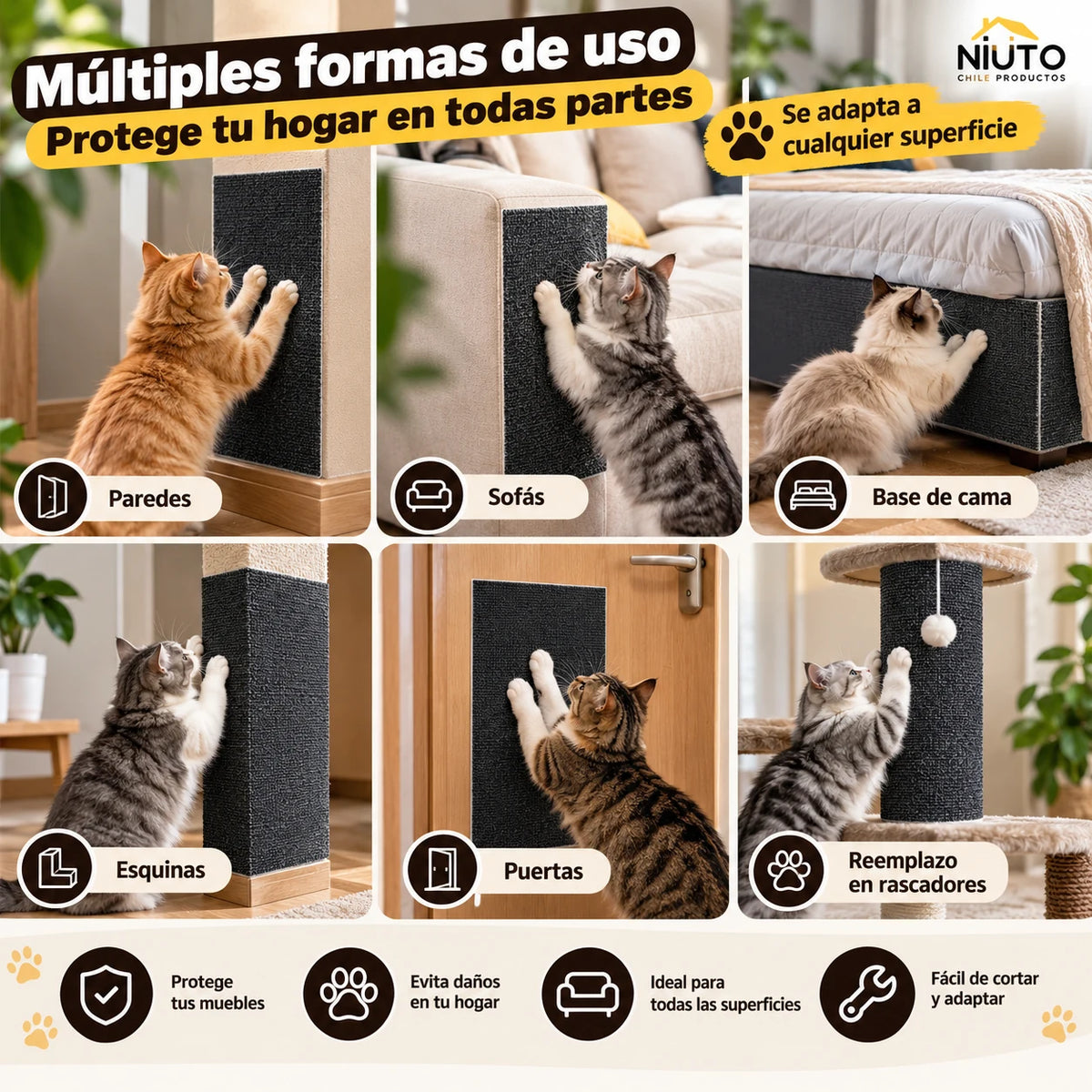 Múltiples formas de uso del protector adhesivo rascador para gatos - NIUTO Chile